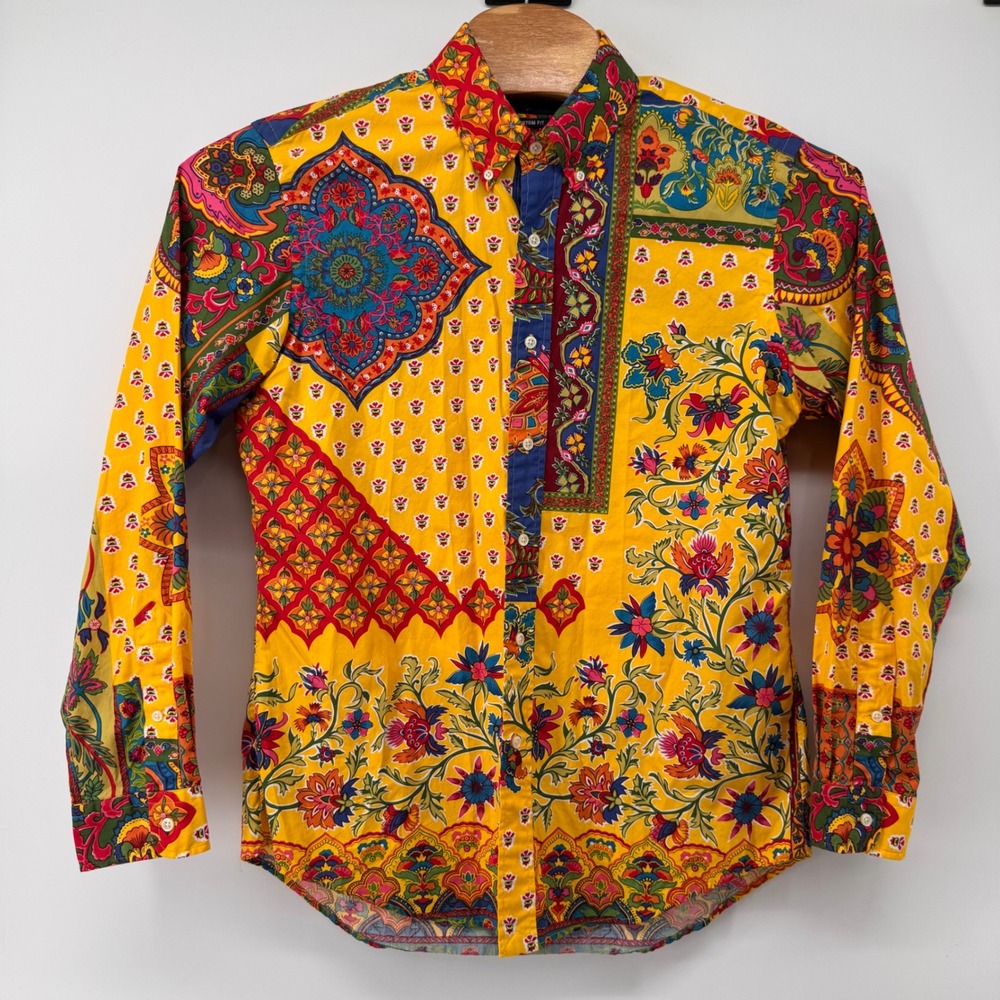 Ralph Lauren Button Down Mens L Yellow Patchwork Paisley Floral Custom Fit Shirt - Picture 2 of 8